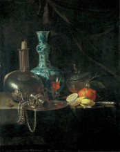 Картина "still life with a pilgrim flask, candlestick, porcelain vase and fruit" художника "кальф виллем"