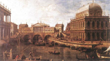 Картина "capriccio: a palladian design for the rialto bridge, with buildings at vicenza" художника "каналетто"
