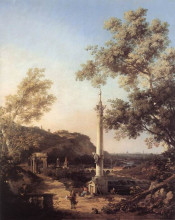 Картина "capriccio: river landscape with a column" художника "каналетто"