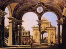 Картина "capriccio of a renaissance triumphal arch seen from the portico of a palace" художника "каналетто"