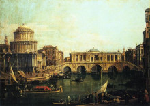 Картина "capriccio of the grand canal with an imaginary rialto bridge and other buildings" художника "каналетто"