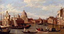 Репродукция картины "view of the grand canal and santa maria della salute with boats and figures in the foreground, venice" художника "каналетто"