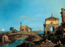 Репродукция картины "an island in the lagoon with a gateway and a church" художника "каналетто"