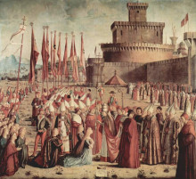Репродукция картины "the pilgrims meet pope cyriac before the walls of rome" художника "карпаччо витторе"