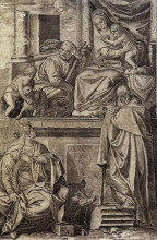 Репродукция картины "the holy family with sts. anthony abbot, catherine and the infant st. john" художника "карраччи агостино"