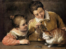 Репродукция картины "two children teasing a cat" художника "карраччи аннибале"