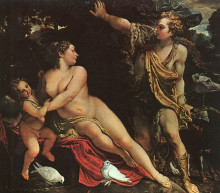 Картина "venus, adonis, and cupid" художника "карраччи аннибале"