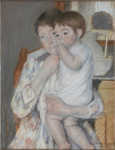 Репродукция картины "женщина и дитя у полки с кувшином и тазом" художника "кассат мэри"