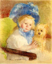 Картина "симона, в большой шляпе с перьями, держит собаку" художника "кассат мэри"