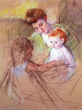 Репродукция картины "мать и дочь смотрят на малыша" художника "кассат мэри"