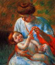 Репродукция картины "ребенок на коленях у матери играет шарфом" художника "кассат мэри"