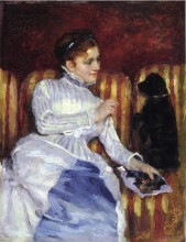 Картина "женщина на полосатой софе с собакой" художника "кассат мэри"