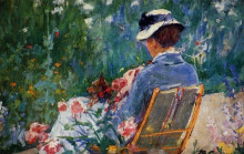 Репродукция картины "лидия сидит в саду собачкой на коленях" художника "кассат мэри"
