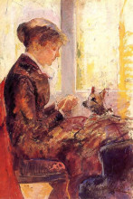 Репродукция картины "дама у окна кормит собаку" художника "кассат мэри"