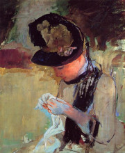 Копия картины "молодая женщина с каштановыми волосами в розовой блузе" художника "кассат мэри"