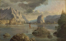 Репродукция картины "below the cascades, columbia river with indians fishing" художника "кейн пол"