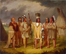 Репродукция картины "big snake, chief of the blackfoot indians, recounting his war exploits to five subordinate chiefs" художника "кейн пол"
