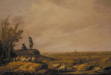 Репродукция картины "panoramic landscape with shepherds, sheep and a town in the distance" художника "кёйп альберт"