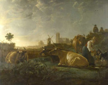 Картина "a distant view of dordrecht, with a milkmaid and four cow" художника "кёйп альберт"