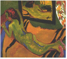 Репродукция картины "reclining female nude in front of a mirror" художника "кирхнер эрнст людвиг"