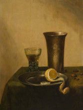 Картина "a silver beaker, a roemer and a peeled lemon" художника "клас питер"