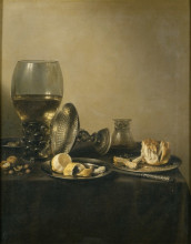 Репродукция картины "still life with goblet, silver tureen and bread" художника "клас питер"