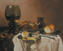 Репродукция картины "breakfast still life with roemer, meat pie, lemon and bread" художника "клас питер"