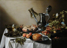 Репродукция картины "still life. food, glasses and a jug on a table" художника "клас питер"