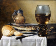 Картина "still life with jug, wine glass, herring and bread" художника "клас питер"