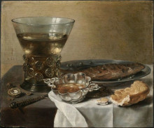 Картина "still life with silver brandy bowl, wine glass, herring and bread" художника "клас питер"