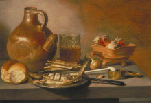 Репродукция картины "still life with herring, wine and bread" художника "клас питер"