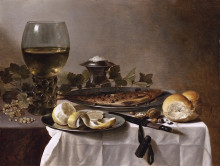 Картина "still life with herring, wine and bread" художника "клас питер"