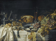 Репродукция картины "still life with a pie, basket of grapes, pitcher and watch" художника "клас питер"