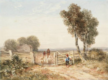 Репродукция картины "boy opening a gate for sheep" художника "кокс дэвид"