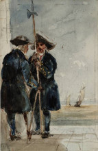 Репродукция картины "two naval pensioners with shipping behind" художника "кокс дэвид"