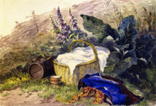 Картина "still life. basket, foxgloves, clothes and other objects" художника "кокс дэвид"