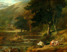 Репродукция картины "borrowdale, cumberland, with children playing by the banks of a brook" художника "коллинз уильям"
