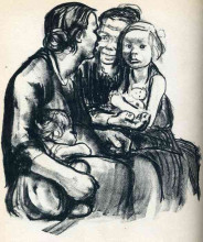 Картина "two chatting women with two children" художника "кольвиц кэте"