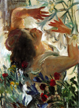 Репродукция картины "woman with lilies in a greenhouse" художника "коринт ловис"