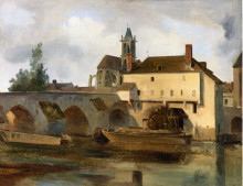 Репродукция картины "море-сюр-луен, мост и церковь" художника "коро камиль"