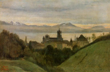 Репродукция картины "между женевским озером и альпами" художника "коро камиль"