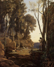 Репродукция картины "пейзаж, заходящее солнце (маленький пастух)" художника "коро камиль"