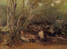 Репродукция картины "лорм. пастушка, сидя под деревом рядом с потоком" художника "коро камиль"