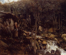 Картина "лорм. водопад с крестьянкой, прядущей шерсть" художника "коро камиль"