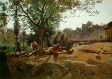 Репродукция картины "крестьяне под деревьями на рассвете. морван" художника "коро камиль"
