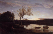 Репродукция картины "пруд с тремя коровами и месяцем" художника "коро камиль"