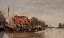 Копия картины "близ роттердама, маленькие дома на берегу канала" художника "коро камиль"
