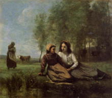 Картина "две пастушки на лугу у воды" художника "коро камиль"