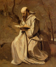 Репродукция картины "монах в белом, сидя за чтением" художника "коро камиль"