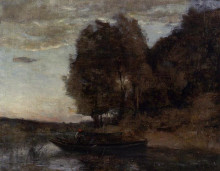 Картина "рыбак плывет в лесистом пейзаже" художника "коро камиль"